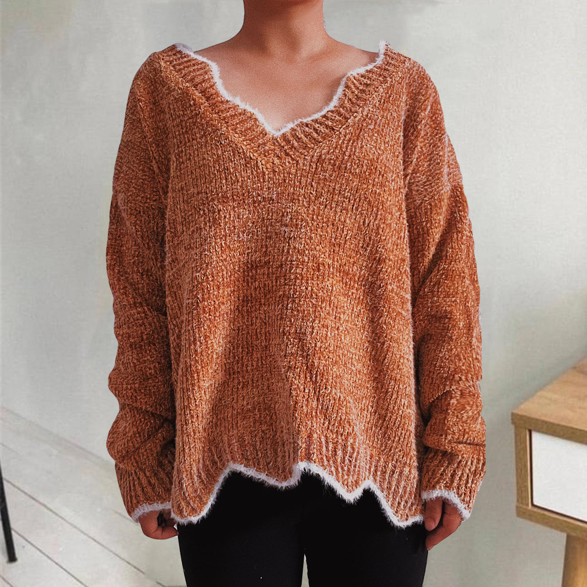 Caramel knit sweater with scalloped trim and V-neck