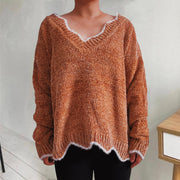 Caramel knit sweater with scalloped trim and V-neck