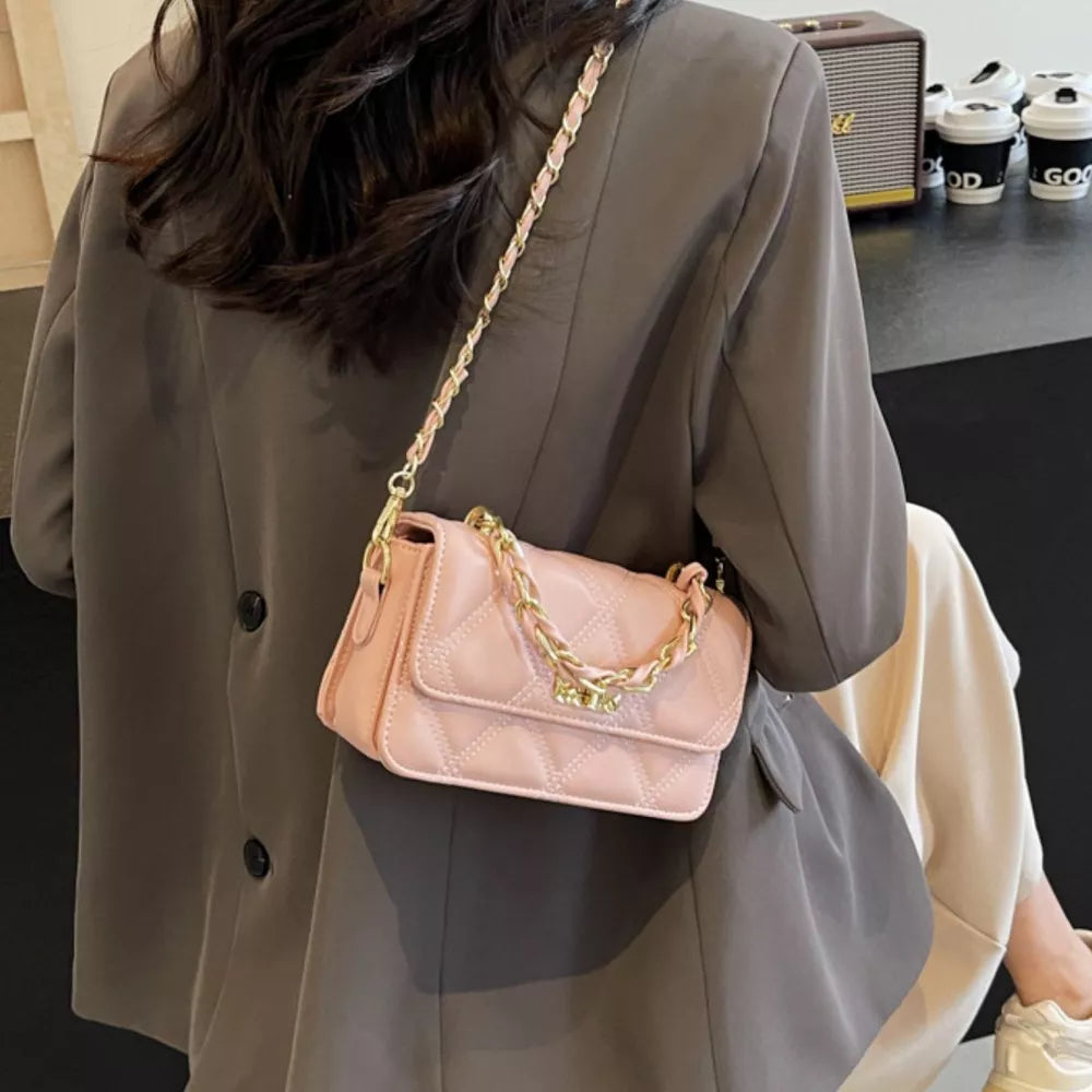 Quilted Chain Strap Crossbody Bag in Pink, model styling view