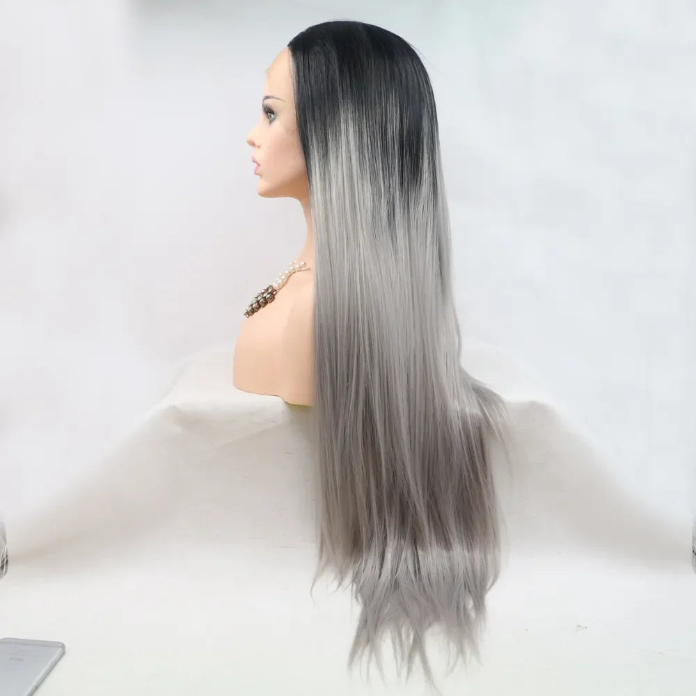 Ombre Cascade lace front wig in black to grey, sleek straight style.