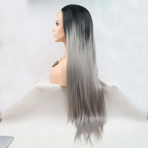 Ombre Cascade lace front wig in black to grey, sleek straight style.