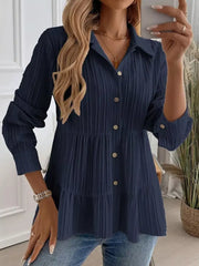 Dark Blue textured tiered button-down shirt with crinkled fabric and button details.