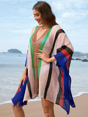 Striped mesh kimono cover-up with V-neck and wide sleeves in multi-color stripes.