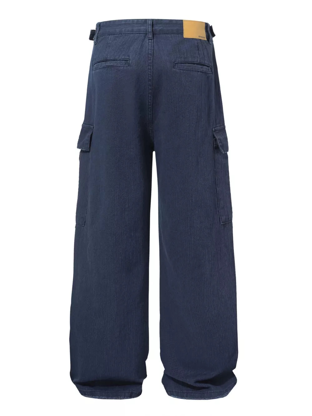 Blue casual cargo pants with flap pockets and belt loops.