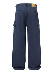 Blue casual cargo pants with flap pockets and belt loops.