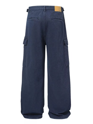 Blue casual cargo pants with flap pockets and belt loops.