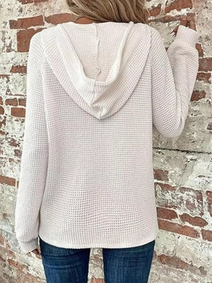 Full Size Waffle Knit Half-button Hoodie Plus Size in Black, side view
