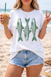 White cotton crew neck t-shirt with a green fish graphic print