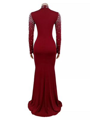 Rhinestone Long Sleeve Mermaid Maxi Dress in Black with rhinestone