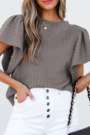 Gray cable knit flutter sleeve top with mock neck