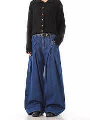 Men's dark blue 100% cotton wide leg jeans with deep pleats