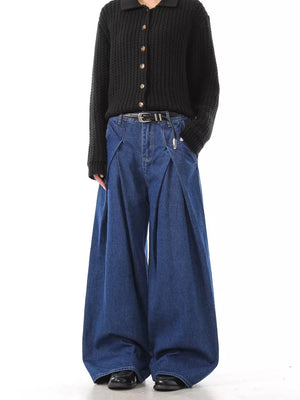 Men's dark blue 100% cotton wide leg jeans with deep pleats