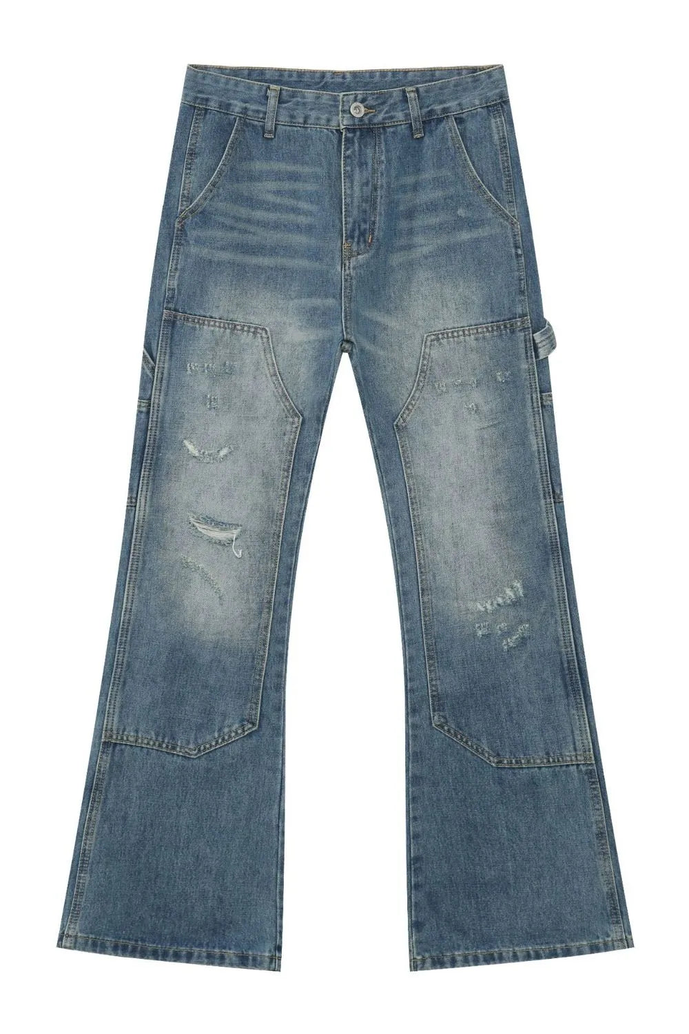 Carpenter flare jeans in medium wash denim with distressed details and a relaxed fit.