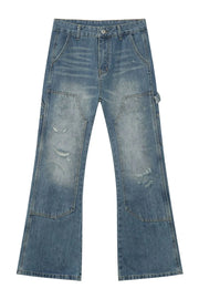 Carpenter flare jeans in medium wash denim with distressed details and a relaxed fit.