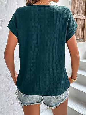 Textured Round Neck Short Sleeve Top in Malachite Green, back view