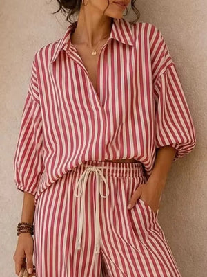 Striped Puff Sleeve Shirt And Wide-leg Pants Set in Khaki, fit detail