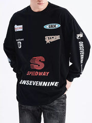 Black graphic oversized long sleeve t-shirt with racing and store logos.
