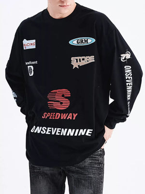 Black graphic oversized long sleeve t-shirt with racing and store logos.