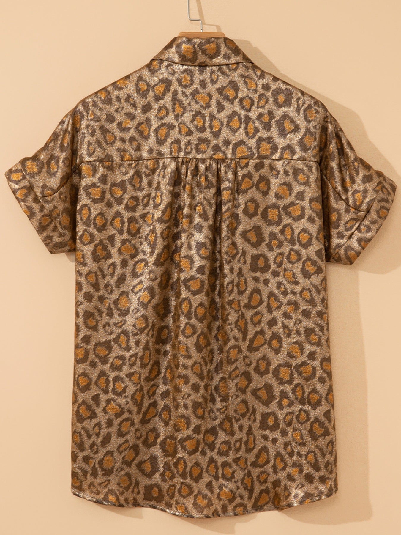 Print Classic Button-down Shirt in metallic leopard print with short sleeves and classic collar.