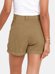 Camel corduroy high-waist pleated shorts with cuffed hems.