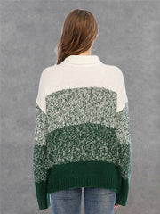 Colorblock turtleneck sweater in green and white acrylic with defined panels.