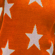 Orange acrylic knit crewneck sweater with white star pattern