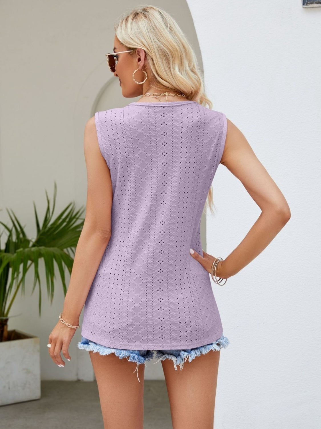 Lavender eyelet tank top with scalloped hem and center lace detail