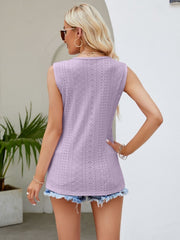 Lavender eyelet tank top with scalloped hem and center lace detail