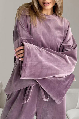 Velvet lounge set top in mauve with wide bell sleeves and crew neck.