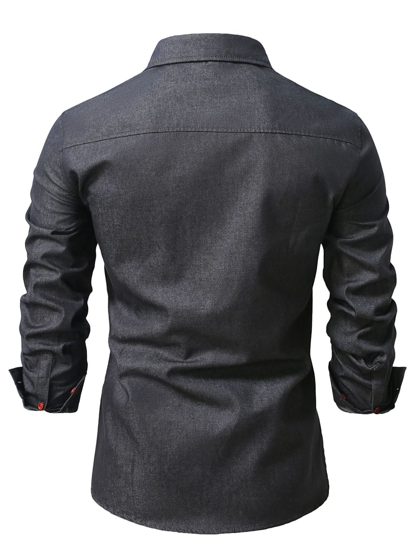 Dark gray denim shirt with button details on cuffs and pocket flaps.