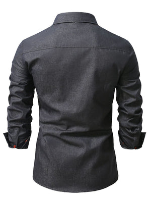 Dark gray denim shirt with button details on cuffs and pocket flaps.