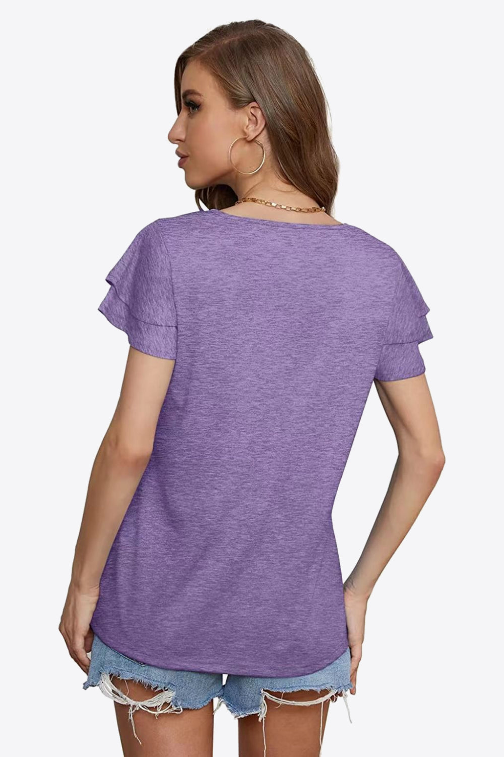 Dusty Purple tiered sleeve blouse with a heathered texture and crew neck.