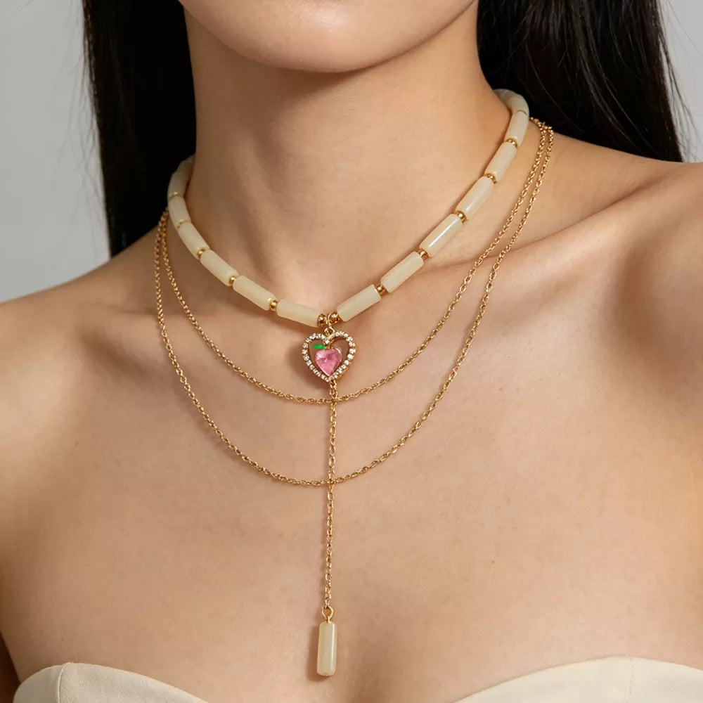 18k Gold-plated Layered Heart Pendant Necklace in Gold, front view