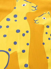 Yellow cotton t-shirt with playful blue spotted leopard graphic.