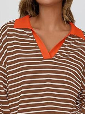 Oversized striped long-sleeve sweatshirt in dark brown with white stripes and an orange collar.