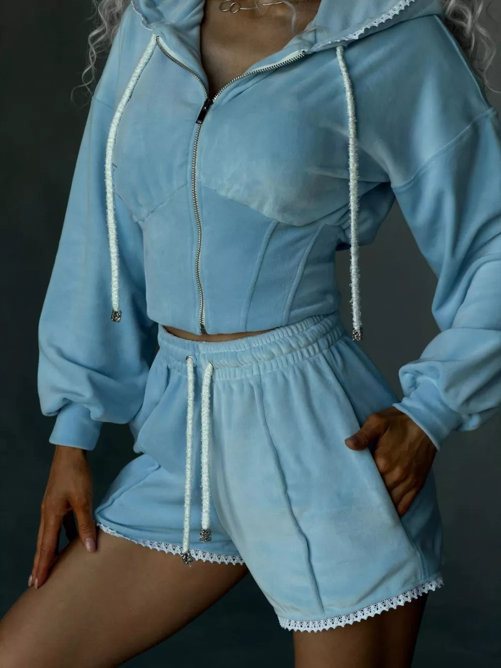 Zip Up Hooded Outerwear And Shorts Set, model styling view