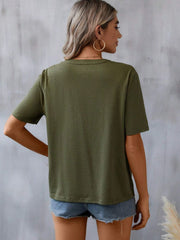 Army green v-neck tee with short sleeves and crochet trim detail.