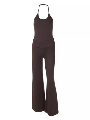 Brown halter crop top and wide-leg pants set