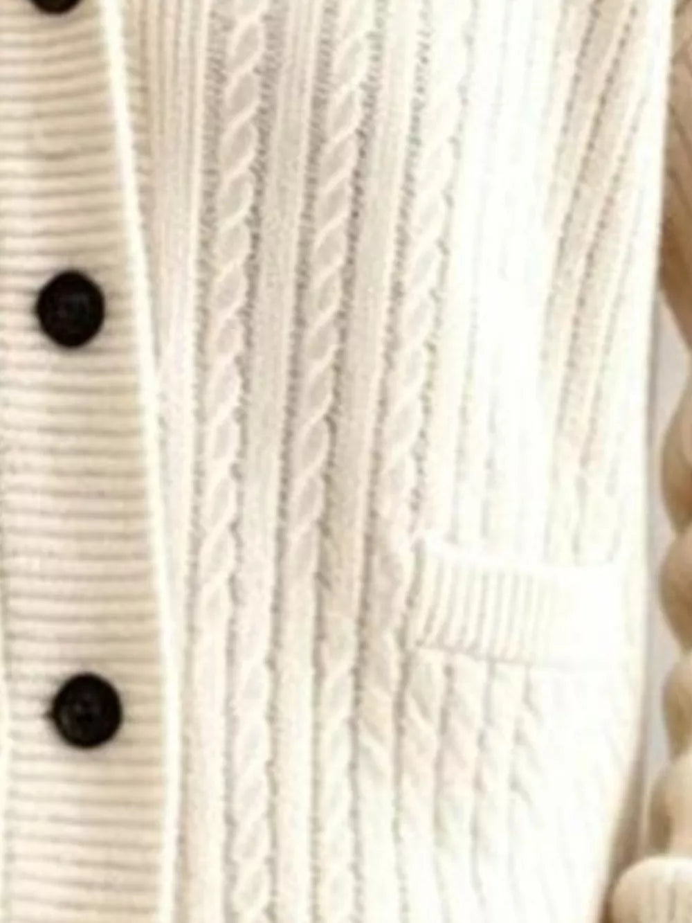 Full Size Shawl Collar Cable Knit Cardigan in White, fit detail