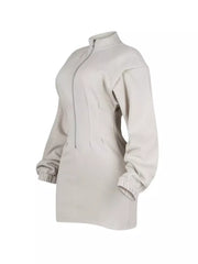 Casual Zip-up Long Sleeve Mini Dress in Off-white, product detail