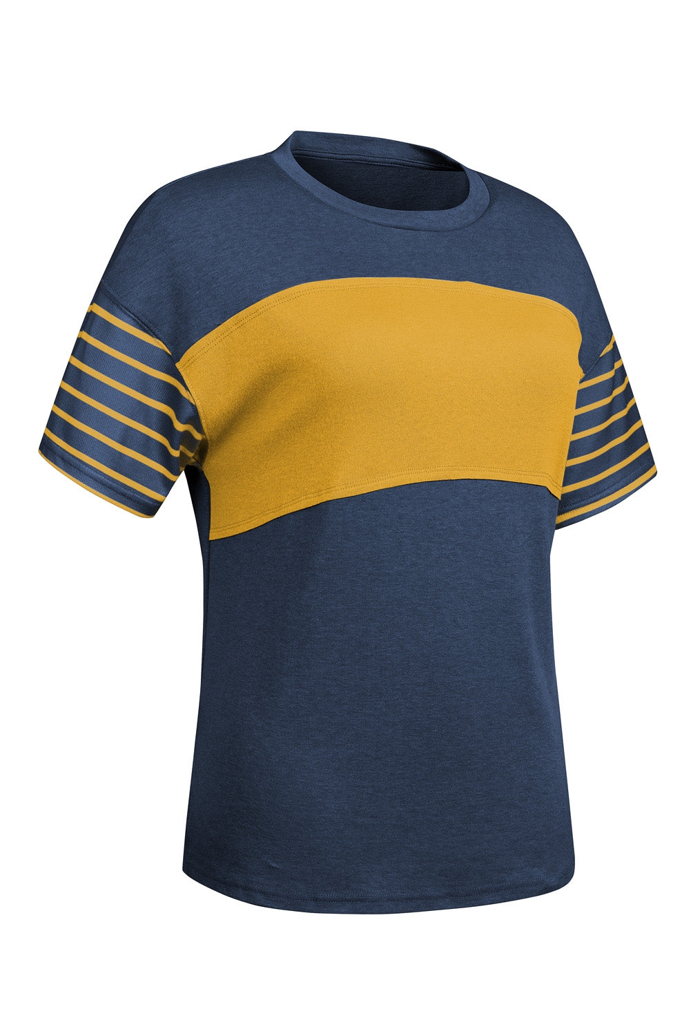Colorblock raglan tee in navy with mustard yellow chest stripe and striped sleeves.