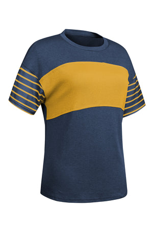 Colorblock raglan tee in navy with mustard yellow chest stripe and striped sleeves.