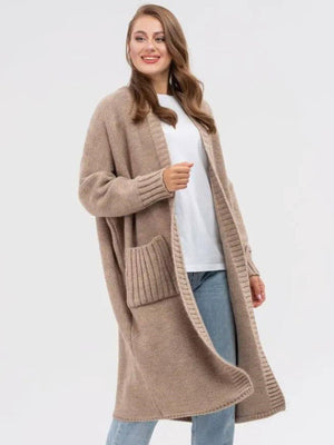Oversized knit cocoon cardigan in Khaki with pockets and ribbed cuffs.