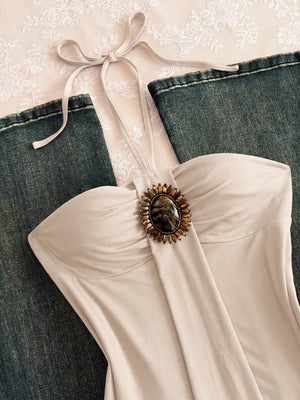 Embellished Front Halter Neck Cami, model styling view