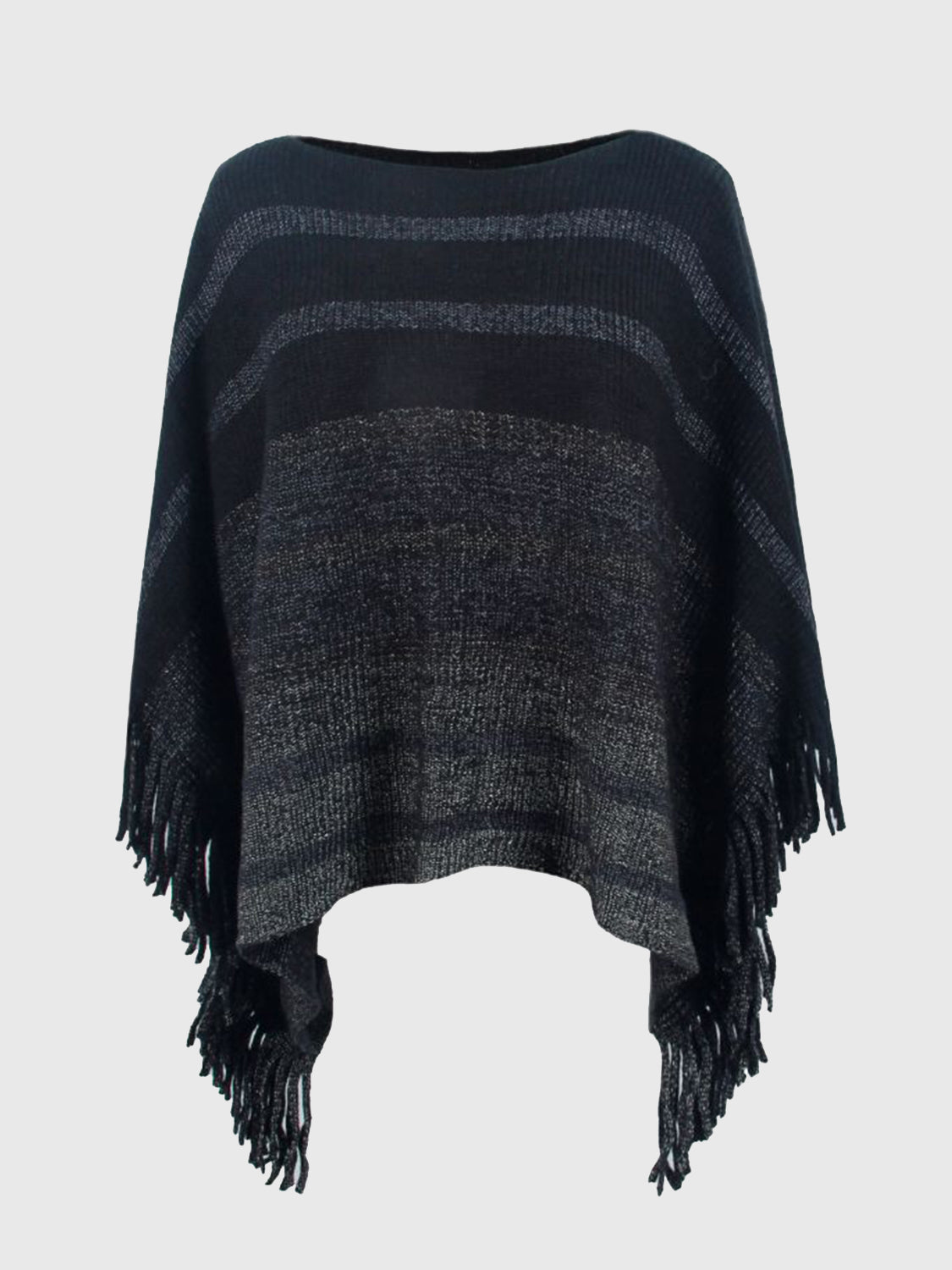 Charcoal striped poncho with boat neck and fringe detail