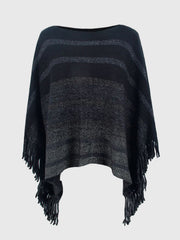 Charcoal striped poncho with boat neck and fringe detail