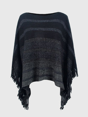 Charcoal striped poncho with boat neck and fringe detail