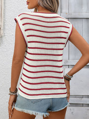 Striped knit sweater vest in red and white, sleeveless with a crew neck.