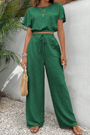 Green textured crop top and wide-leg drawstring trousers set