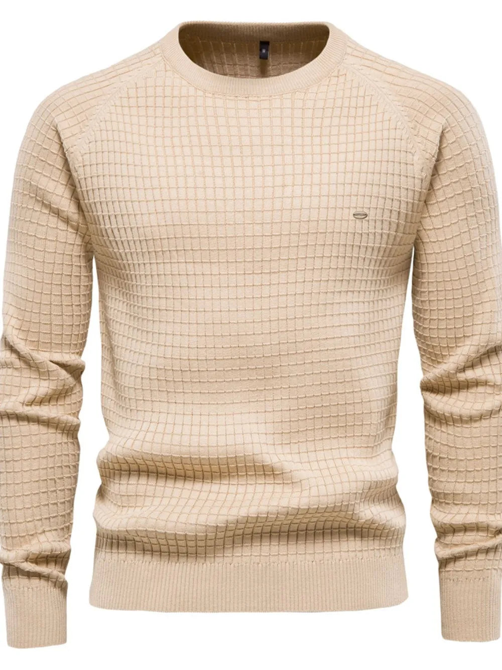 Beige crewneck sweater with textured grid pattern and raglan sleeves.